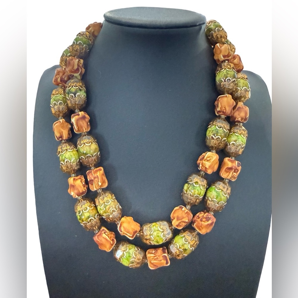 Vintage 2 Strand Necklace Lucite Vintage Green Orange Wood Look Beaded